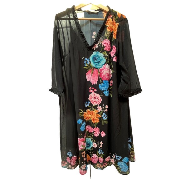 Wayward Fancies eShakti Black Floral Sheer Lined Dress Sz L Boho Whimsigoth - Picture 1 of 9